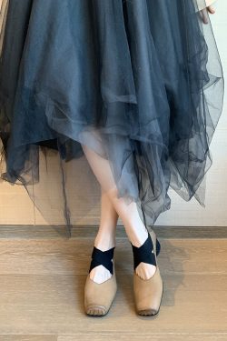 Sheepskin Square-Toed Ballet Shoes for Women, Cross-Strap Pig-Nose Retro Flat Chunky Heel Loafers