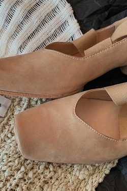 Sheepskin Square-Toed Ballet Shoes for Women, Cross-Strap Pig-Nose Retro Flat Chunky Heel Loafers