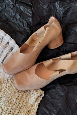 Sheepskin Square-Toed Ballet Shoes for Women, Cross-Strap Pig-Nose Retro Flat Chunky Heel Loafers