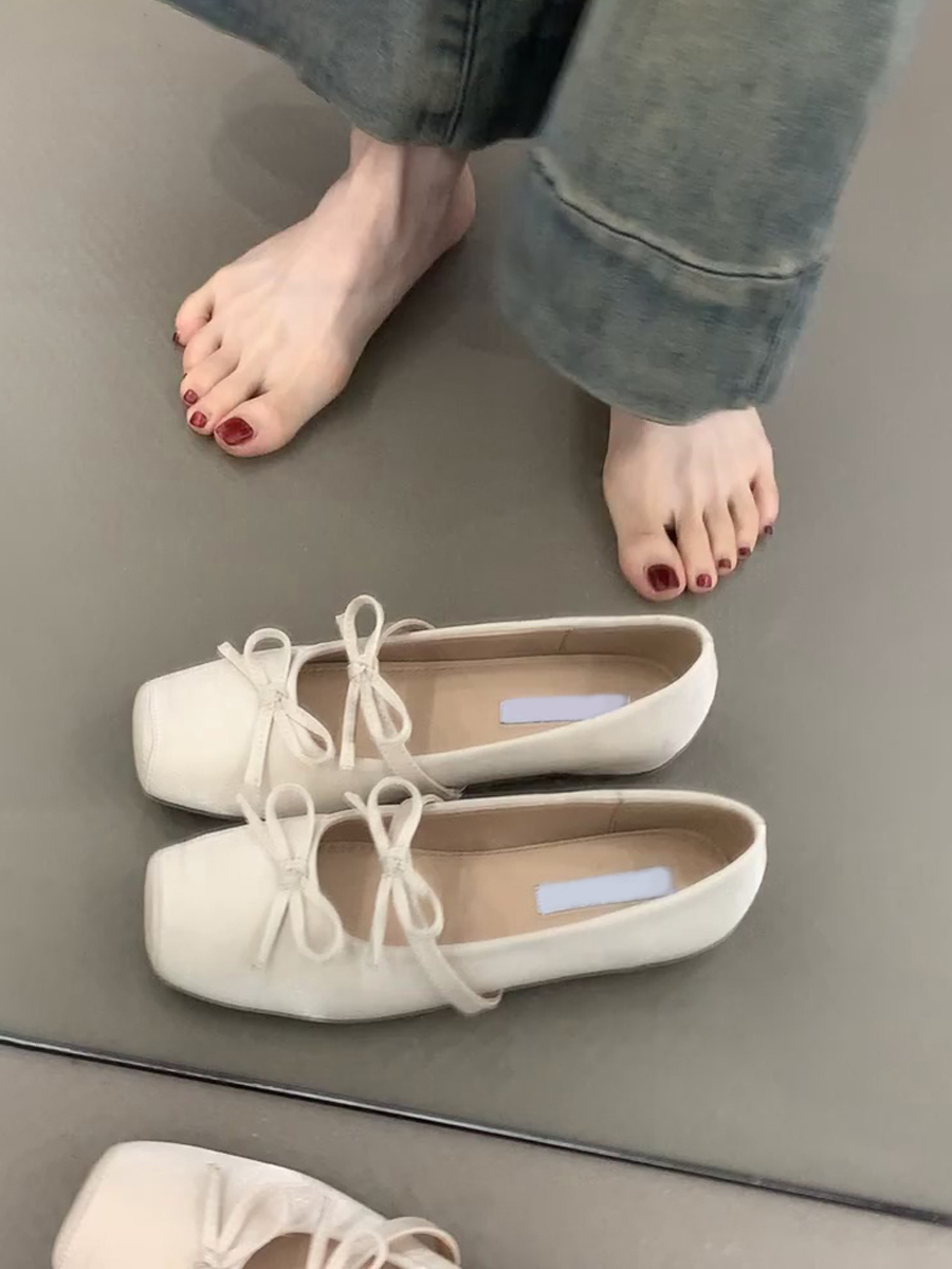 Sheepskin Square-Toed Bow Ballet Shoes - French Style Hidden Height Mary Jane Flats for Evening Wear & Casual Chic Sheepskin Square-Toed Bow Ballet Shoes - French Style Hidden Height Mary Jane Flats for Evening Wear & Casual Chic