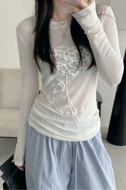 Sheer Long-Sleeve T-Shirt for Women, 3D Foam Printed Sun Grapefruit Design, Summer Versatile Slim-Fit Sun Protection Top