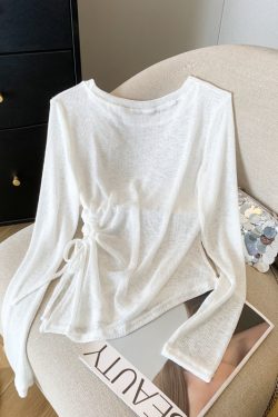 Sheer Round Neck Long Sleeve Knitted Top for Women - Irregular Pleated Sun Protection Air Conditioning Cover-Up Blouse