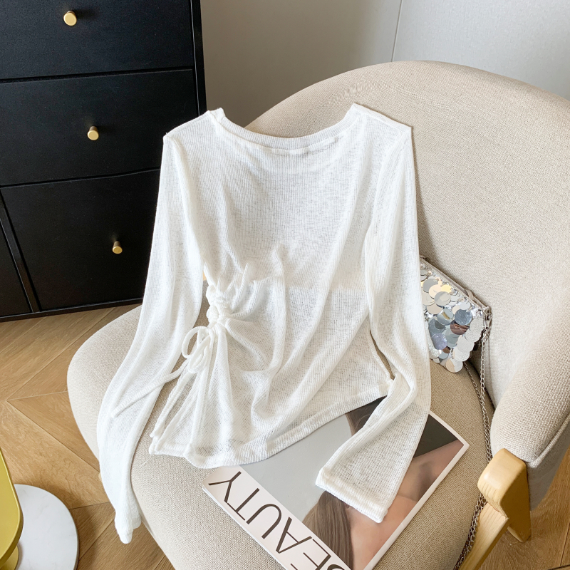 Sheer Round Neck Long Sleeve Knitted Top for Women - Irregular Pleated Sun Protection Air Conditioning Cover-Up Blouse Sheer Round Neck Long Sleeve Knitted Top for Women - Irregular Pleated Sun Protection Air Conditioning Cover-Up Blouse