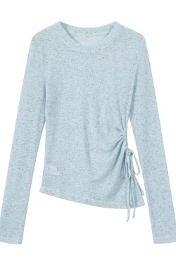 Sheer Round Neck Long Sleeve Knitted Top for Women - Irregular Pleated Sun Protection Air Conditioning Cover-Up Blouse