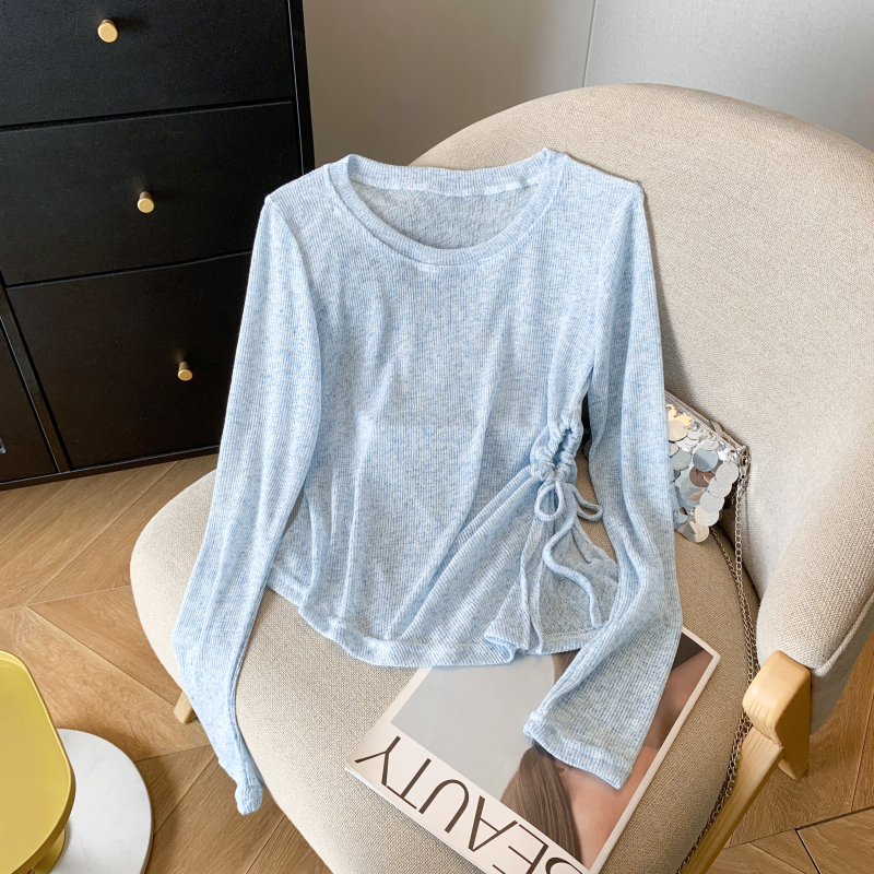 Sheer Round Neck Long Sleeve Knitted Top for Women - Irregular Pleated Sun Protection Air Conditioning Cover-Up Blouse Sheer Round Neck Long Sleeve Knitted Top for Women - Irregular Pleated Sun Protection Air Conditioning Cover-Up Blouse