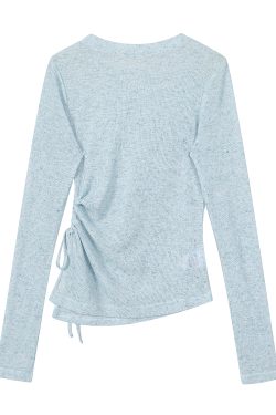 Sheer Round Neck Long Sleeve Knitted Top for Women - Irregular Pleated Sun Protection Air Conditioning Cover-Up Blouse