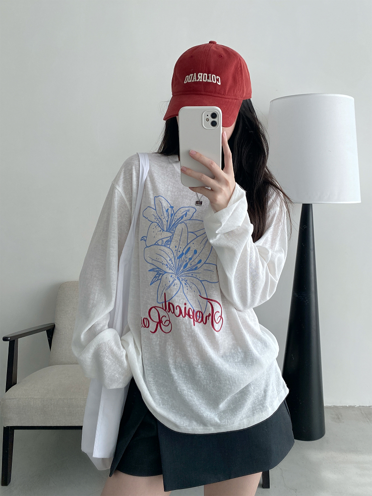Sheer Sun Grapefruit T-Shirt Cover-Up - Spring Summer Loose Long Sleeve Lily Print Sun Protection Top for Women in Korean Style Sheer Sun Grapefruit T-Shirt Cover-Up - Spring Summer Loose Long Sleeve Lily Print Sun Protection Top for Women in Korean Style