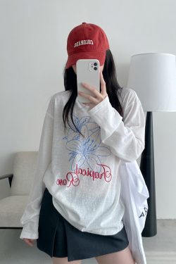 Sheer Sun Grapefruit T-Shirt Cover-Up - Spring Summer Loose Long Sleeve Lily Print Sun Protection Top for Women in Korean Style