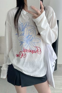 Sheer Sun Grapefruit T-Shirt Cover-Up - Spring Summer Loose Long Sleeve Lily Print Sun Protection Top for Women in Korean Style