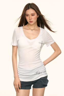 Sheer V-Neck Short-Sleeve T-Shirt for Women - American Style, Spicy Girl Design, Slim-Fit, Summer Trend with Side Cross Detail