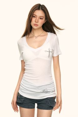 Sheer V-Neck Short-Sleeve T-Shirt for Women - American Style, Spicy Girl Design, Slim-Fit, Summer Trend with Side Cross Detail