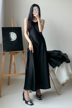 Silk Satin A-Line Slip Dress with Diagonal Cut and Flowing Thin Straps – Elegant Long Black Dress for Effortless Style