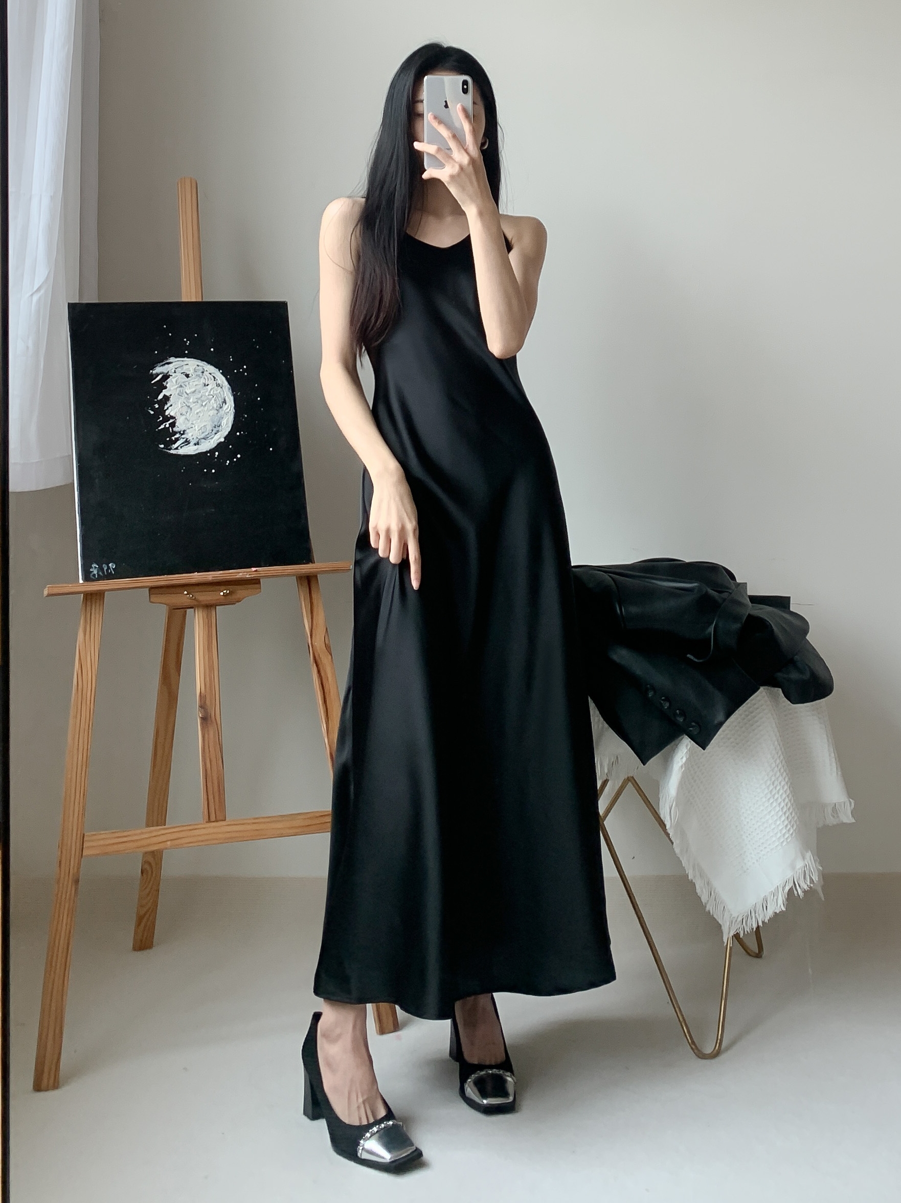 Silk Satin A-Line Slip Dress with Diagonal Cut and Flowing Thin Straps – Elegant Long Black Dress for Effortless Style Silk Satin A-Line Slip Dress with Diagonal Cut and Flowing Thin Straps – Elegant Long Black Dress for Effortless Style