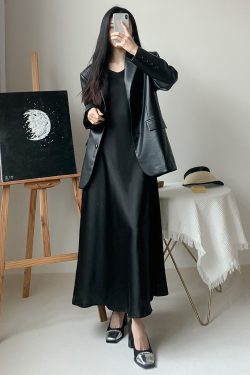 Silk Satin A-Line Slip Dress with Diagonal Cut and Flowing Thin Straps – Elegant Long Black Dress for Effortless Style