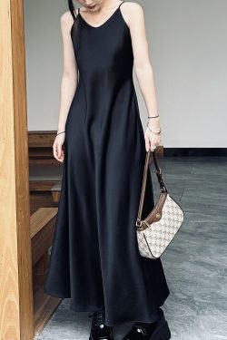Silk Satin A-Line Slip Dress with Diagonal Cut and Flowing Thin Straps – Elegant Long Black Dress for Effortless Style