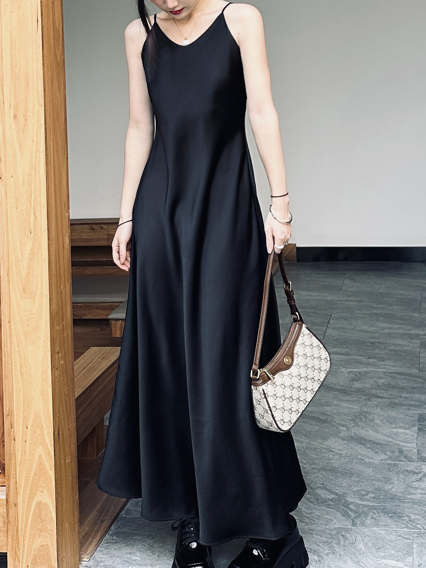 Silk Satin A-Line Slip Dress with Diagonal Cut and Flowing Thin Straps – Elegant Long Black Dress for Effortless Style Silk Satin A-Line Slip Dress with Diagonal Cut and Flowing Thin Straps – Elegant Long Black Dress for Effortless Style