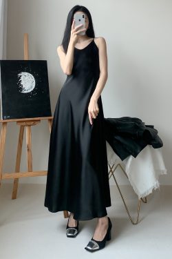 Silk Satin A-Line Slip Dress with Diagonal Cut and Flowing Thin Straps – Elegant Long Black Dress for Effortless Style