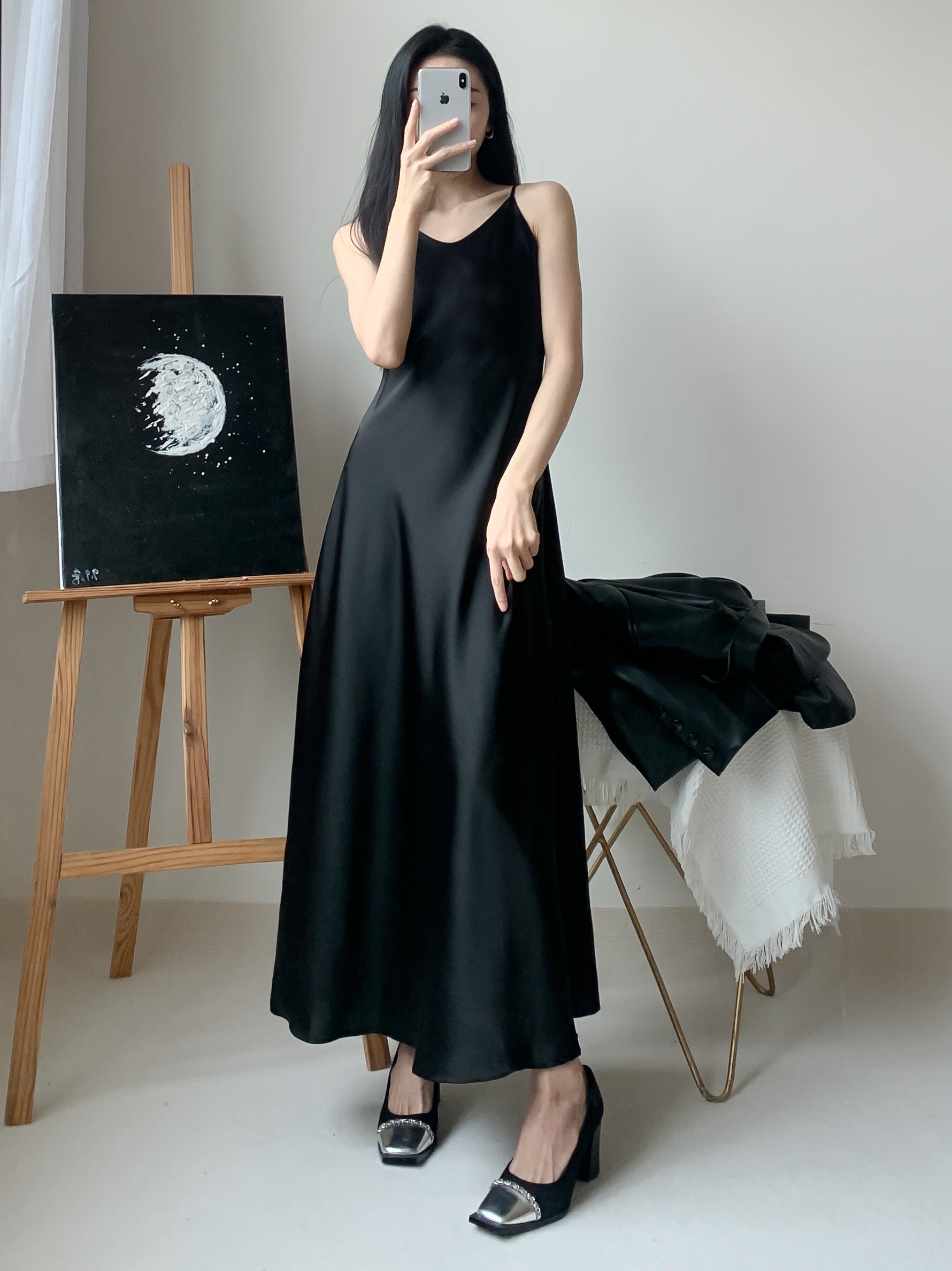 Silk Satin A-Line Slip Dress with Diagonal Cut and Flowing Thin Straps – Elegant Long Black Dress for Effortless Style Silk Satin A-Line Slip Dress with Diagonal Cut and Flowing Thin Straps – Elegant Long Black Dress for Effortless Style