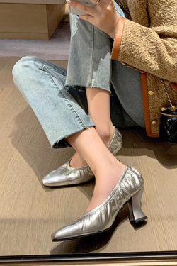 Silver Chunky Heel Grandma Shoes for Women - Age-Defying Small Square-Toe Soft-Soled Footwear in Trendy Retro Style