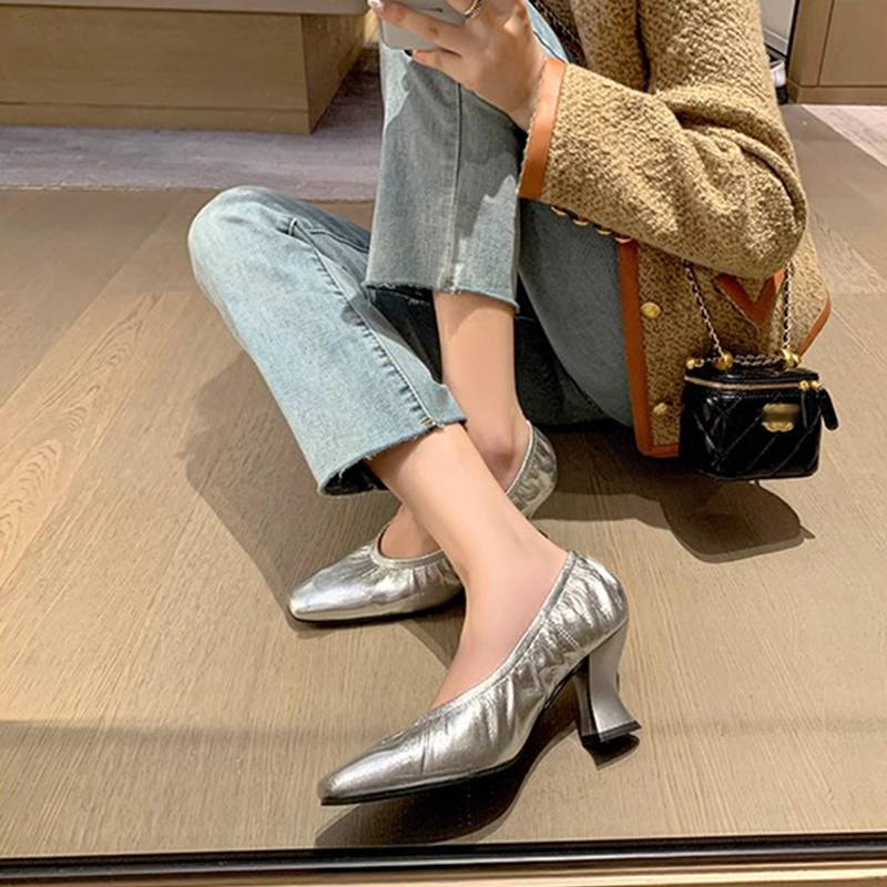 Silver Chunky Heel Grandma Shoes for Women - Age-Defying Small Square-Toe Soft-Soled Footwear in Trendy Retro Style Silver Chunky Heel Grandma Shoes for Women - Age-Defying Small Square-Toe Soft-Soled Footwear in Trendy Retro Style