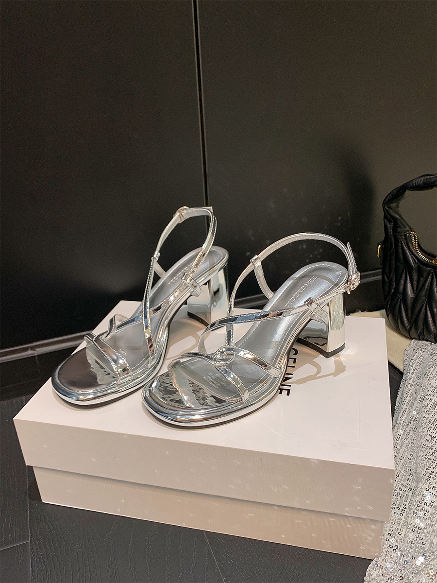 Silver High-Heeled Sheepskin Sandals for Women - Cross Strap Chunky Heels, Elegant Fairy Style for Summer Silver High-Heeled Sheepskin Sandals for Women - Cross Strap Chunky Heels, Elegant Fairy Style for Summer