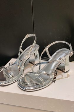 Silver High-Heeled Sheepskin Sandals for Women - Cross Strap Chunky Heels, Elegant Fairy Style for Summer
