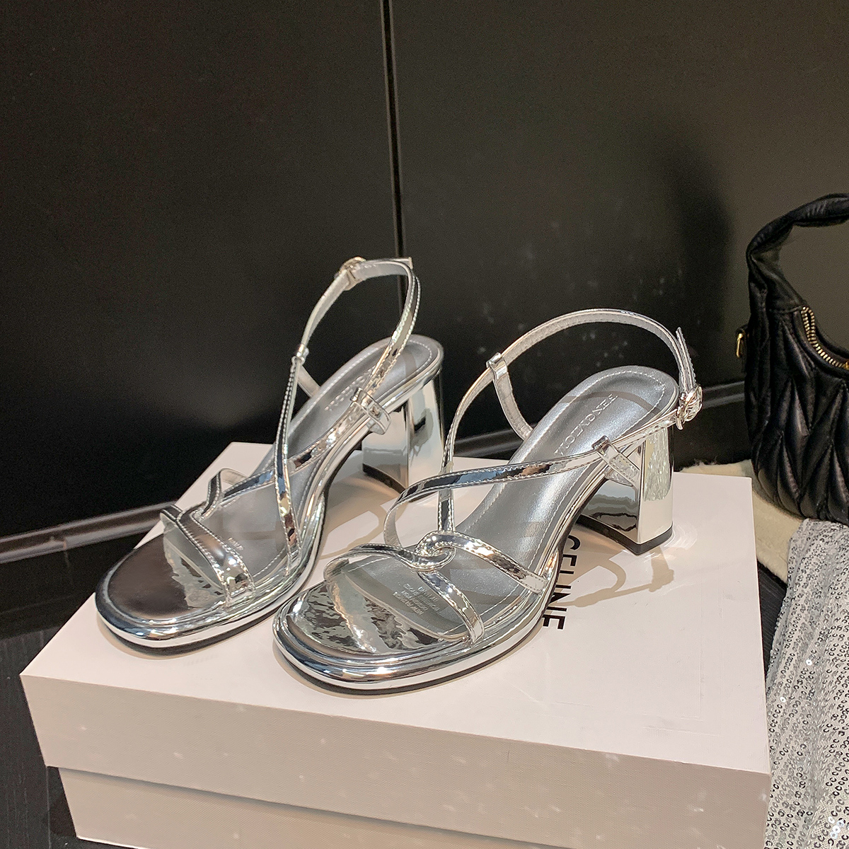 Silver High-Heeled Sheepskin Sandals for Women - Cross Strap Chunky Heels, Elegant Fairy Style for Summer Silver High-Heeled Sheepskin Sandals for Women - Cross Strap Chunky Heels, Elegant Fairy Style for Summer