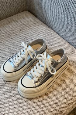 Silver Lace-Up Sneakers for Women - 2025 New Style Genuine Leather Thick-Soled Height-Increasing Casual Sports Shoes