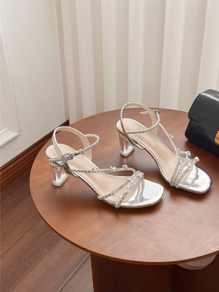 Silver Rhinestone One-Strap High Heels for Women, Transparent Crystal Design, French Style, Perfect for Skirts and Chic Outfits Silver Rhinestone One-Strap High Heels for Women, Transparent Crystal Design, French Style, Perfect for Skirts and Chic Outfits