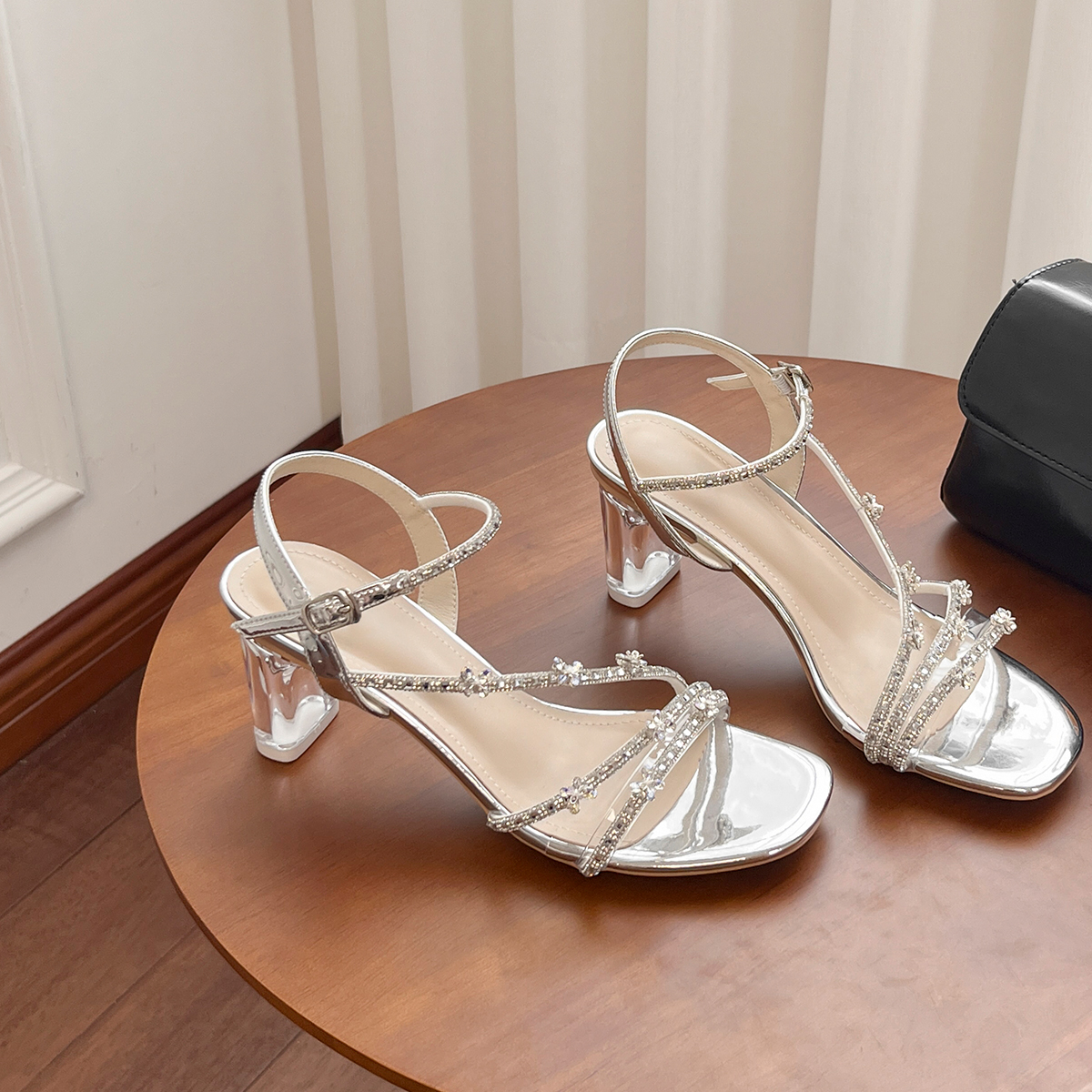 Silver Rhinestone One-Strap High Heels for Women, Transparent Crystal Design, French Style, Perfect for Skirts and Chic Outfits Silver Rhinestone One-Strap High Heels for Women, Transparent Crystal Design, French Style, Perfect for Skirts and Chic Outfits