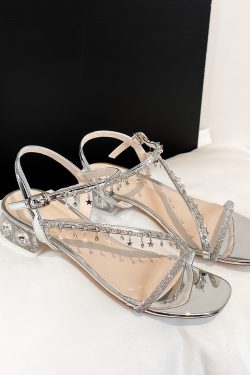 Silver Rhinestone Sheepskin Sandals for Women - Chunky Heel, Square Toe, One Strap Transparent Crystal - Summer Fashion Footwear
