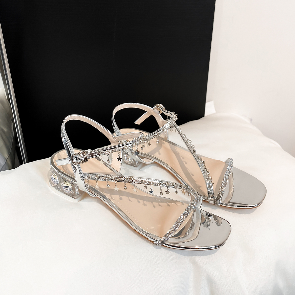 Silver Rhinestone Sheepskin Sandals for Women - Chunky Heel, Square Toe, One Strap Transparent Crystal - Summer Fashion Footwear Silver Rhinestone Sheepskin Sandals for Women - Chunky Heel, Square Toe, One Strap Transparent Crystal - Summer Fashion Footwear