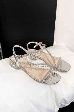 Silver Rhinestone Sheepskin Sandals for Women - Chunky Heel, Square Toe, One Strap Transparent Crystal - Summer Fashion Footwear