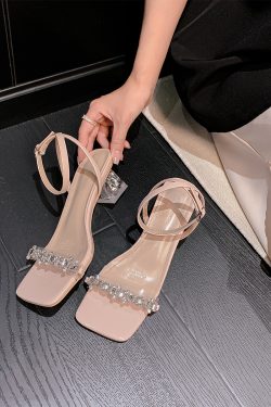 Silver Rhinestone Sheepskin Sandals for Women - Summer One-Strap Chunky Heel Transparent Crystal High Heels