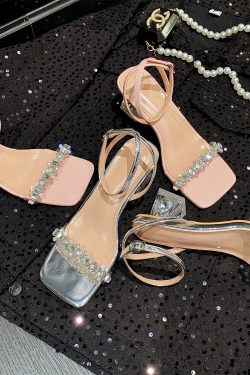 Silver Rhinestone Sheepskin Sandals for Women - Summer One-Strap Chunky Heel Transparent Crystal High Heels