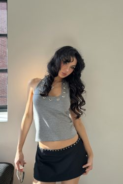 Silver Ring Eyelet Gray Vest with Black Skirt Pants – Stylish Girl Outfit, Y2K Fashion, Trendy Layered Look