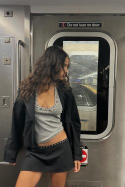 Silver Ring Eyelet Gray Vest with Black Skirt Pants – Stylish Girl Outfit, Y2K Fashion, Trendy Layered Look