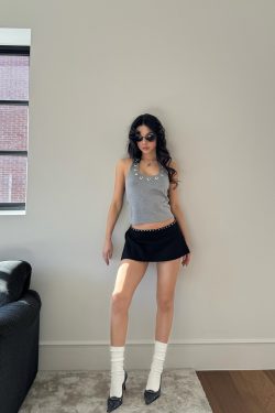 Silver Ring Eyelet Gray Vest with Black Skirt Pants – Stylish Girl Outfit, Y2K Fashion, Trendy Layered Look