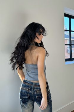 Silver Ring Eyelet Gray Vest with Black Skirt Pants – Stylish Girl Outfit, Y2K Fashion, Trendy Layered Look