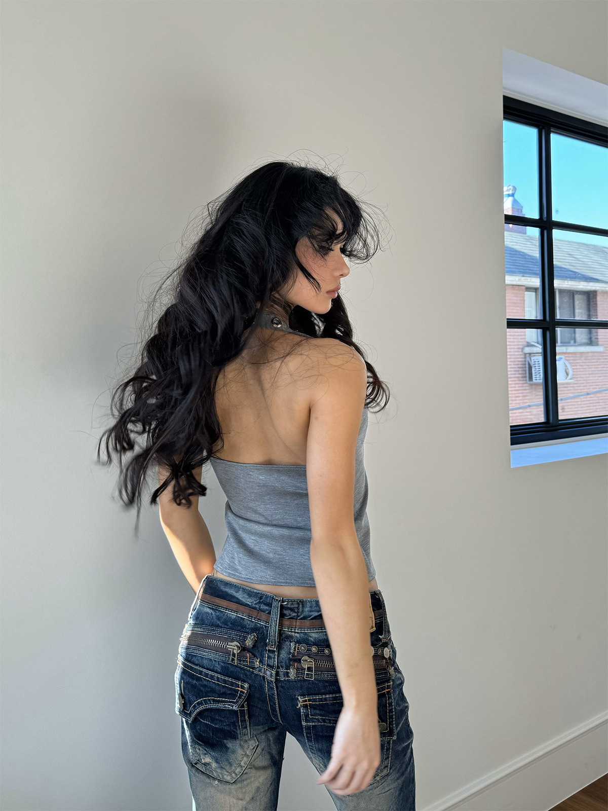 Silver Ring Eyelet Gray Vest with Black Skirt Pants – Stylish Girl Outfit, Y2K Fashion, Trendy Layered Look Silver Ring Eyelet Gray Vest with Black Skirt Pants – Stylish Girl Outfit, Y2K Fashion, Trendy Layered Look