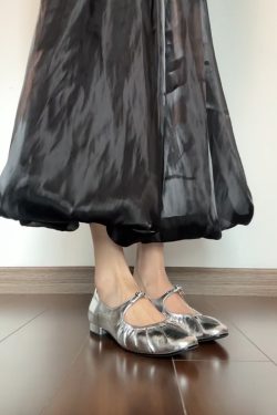 Silver Sheepskin Mary Jane Shoes for Women - Elegant Round Toe, French Pleated One-Strap Low-Heeled Ballet Flats