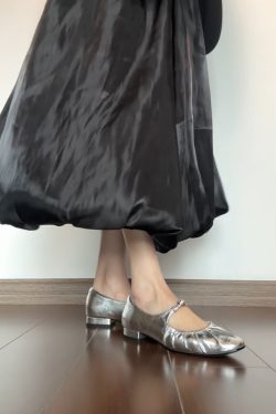 Silver Sheepskin Mary Jane Shoes for Women - Elegant Round Toe, French Pleated One-Strap Low-Heeled Ballet Flats