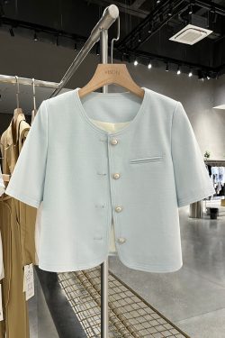 Sky Blue Korean-Style Short Sleeve Blazer for Women - Summer Lightweight Fashion Top, 2025 Trendy Socialite Wear