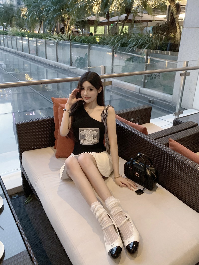 Slanted Shoulder Bow Tie Tank Top with Ice Silk Knitted Sweater - Trendy Women's Outfit for 90s and Y2K Styles Slanted Shoulder Bow Tie Tank Top with Ice Silk Knitted Sweater - Trendy Women's Outfit for 90s and Y2K Styles