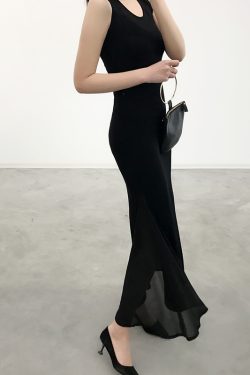 Sleeveless A-line Mermaid Dress with Chiffon Splicing, Slim Fit Summer Dress for Women, Flattering Modal Base Layer