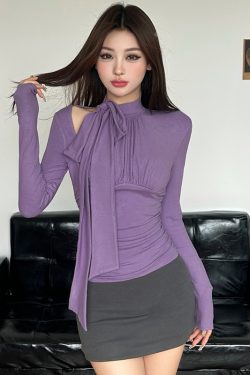 Sleeveless Solid Color Asymmetrical Blouse with Butterfly Knot and Long Ribbons - Elegant Off-Shoulder Pleated Top for Women