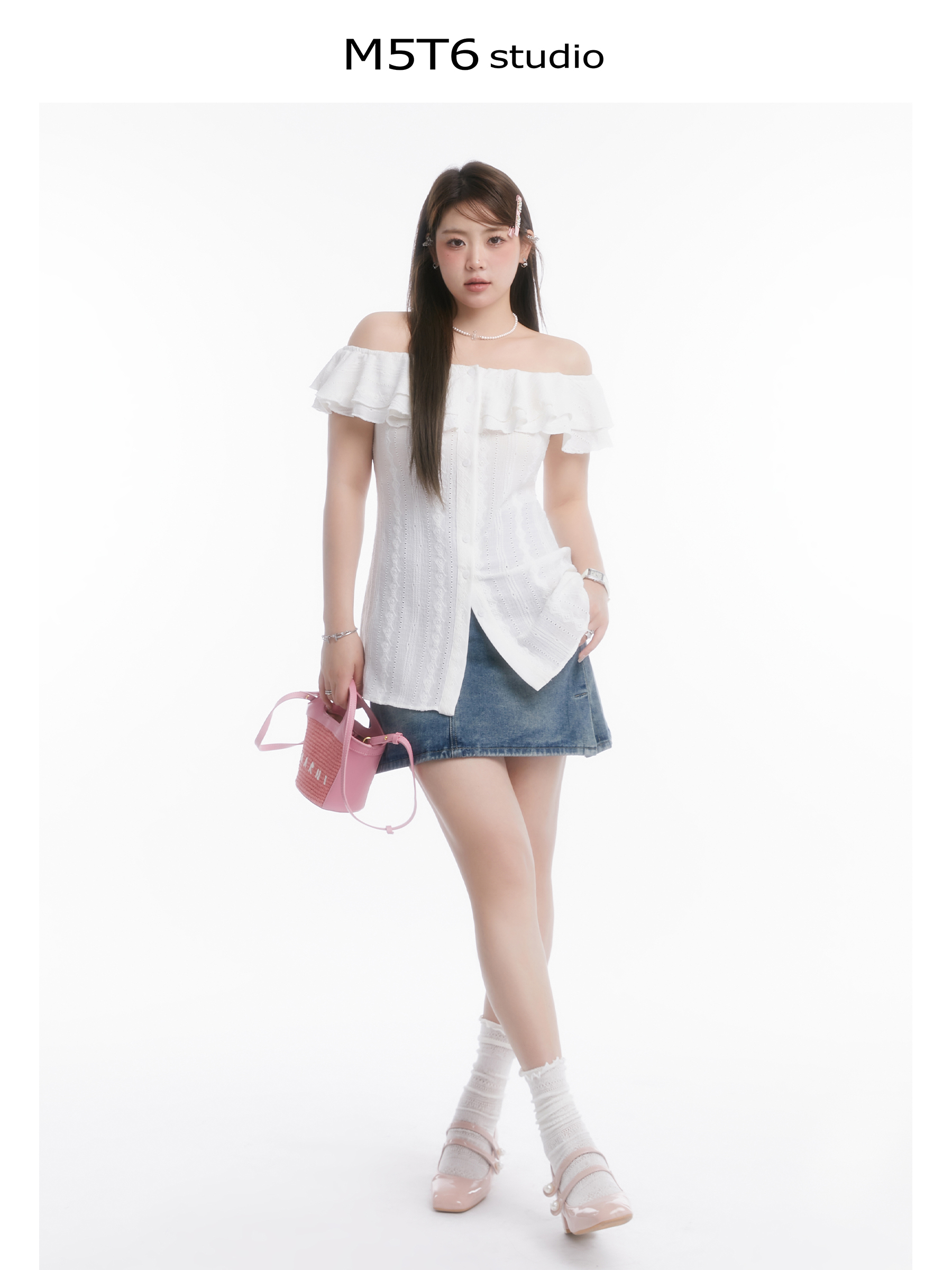 Slightly Chubby Cream Off-Shoulder Waist-Defining French Top for Y2K Style with Denim Mini Skirt Slightly Chubby Cream Off-Shoulder Waist-Defining French Top for Y2K Style with Denim Mini Skirt