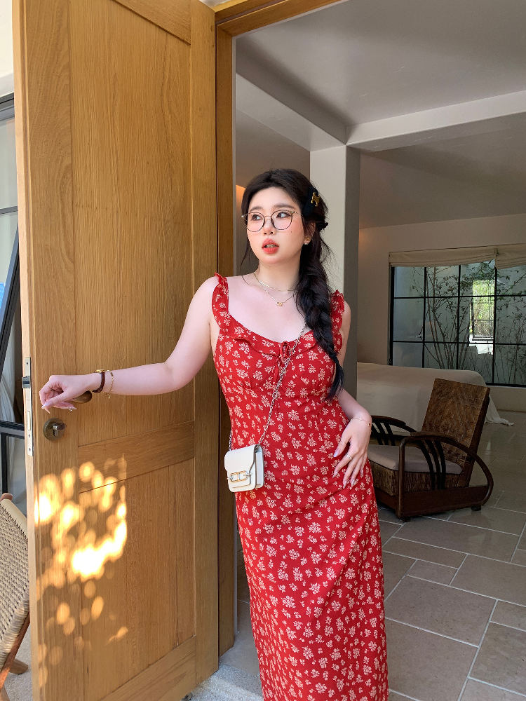 Slightly Chubby Floral Dress with Flying Sleeves - French Style Vacation Waist-Defined Long Dress for Summer Travel Slightly Chubby Floral Dress with Flying Sleeves - French Style Vacation Waist-Defined Long Dress for Summer Travel