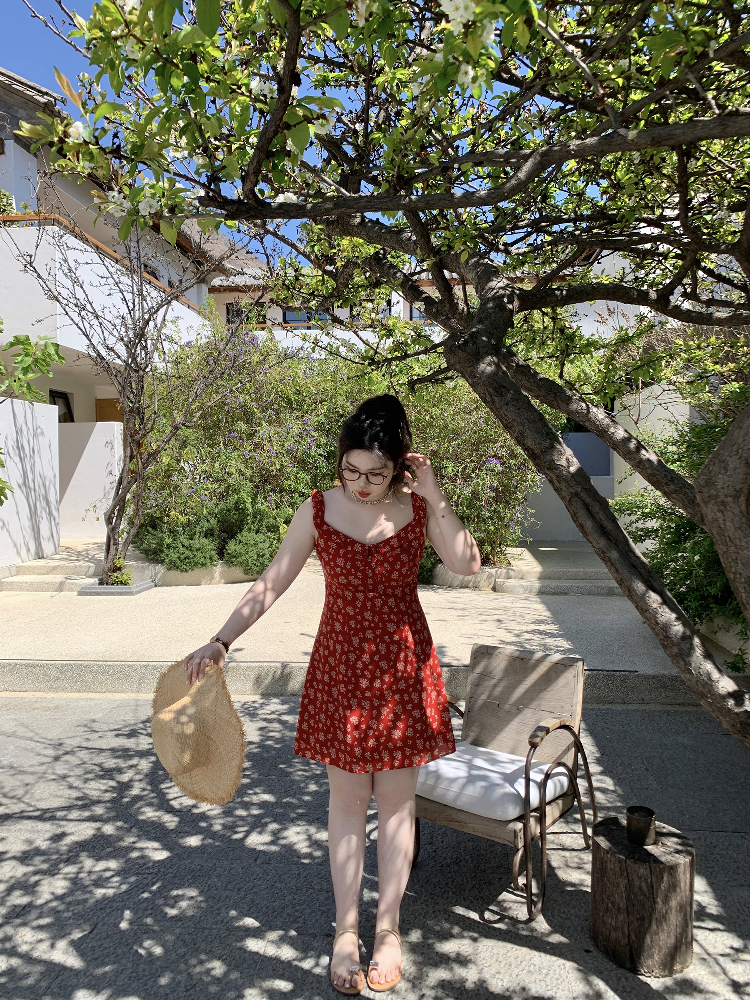 Slightly Chubby Floral Dress with Flying Sleeves - French Style Vacation Waist-Defined Long Dress for Summer Travel Slightly Chubby Floral Dress with Flying Sleeves - French Style Vacation Waist-Defined Long Dress for Summer Travel