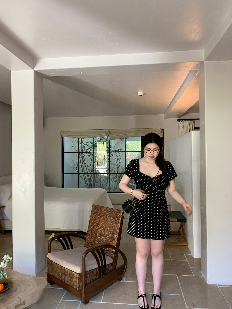 Slightly Chubby Heartbeat Polka Dot Lace Waist-Defined Short Sleeve Plus Size Dress with Short Skirt - Y2K Style Slightly Chubby Heartbeat Polka Dot Lace Waist-Defined Short Sleeve Plus Size Dress with Short Skirt - Y2K Style